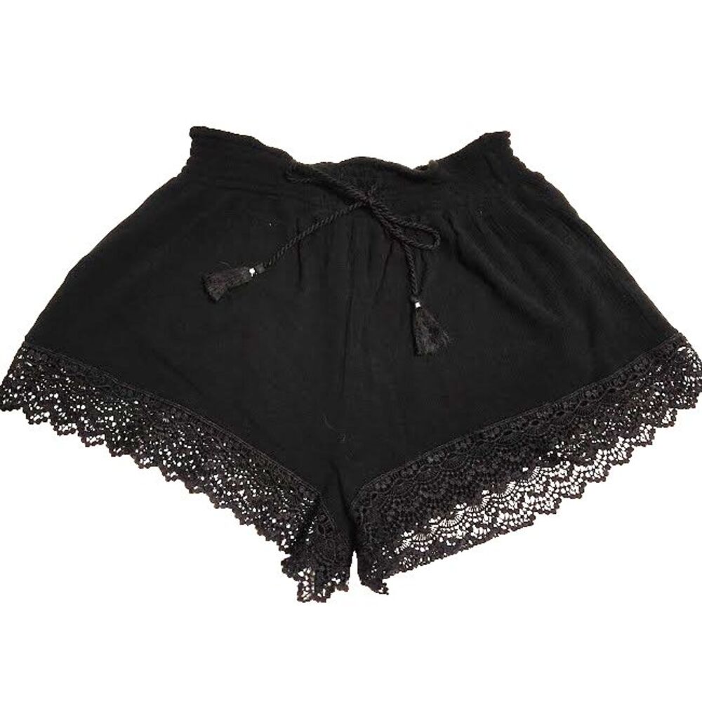Mudd Black Drawstring Scalloped Lace Trimmed Shorts M Ribbed Elastic Waist Rayon